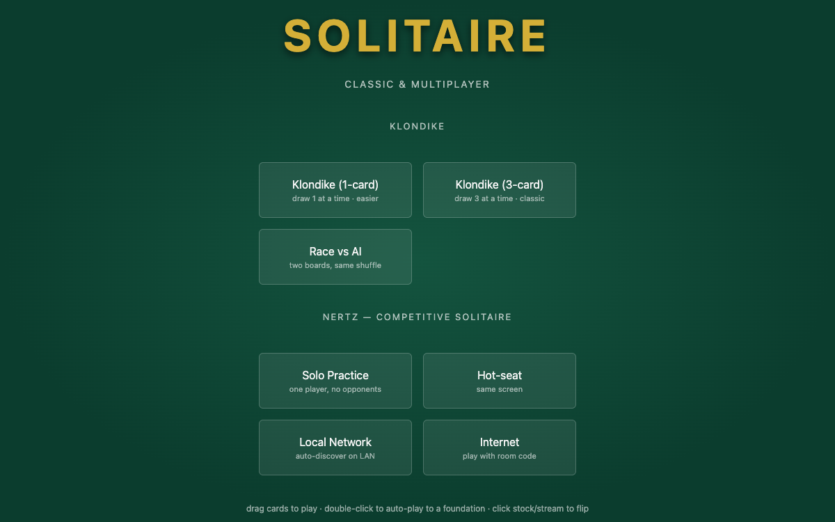 Nertz solitaire mode-select menu
