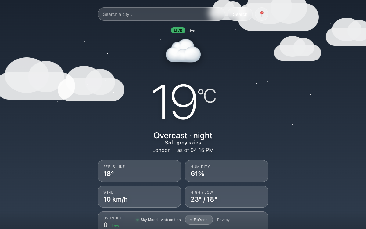 Sky Mood — animated live weather screen